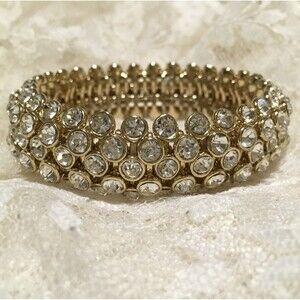 Rhinestone Stretch Bracelet Chunky Bezel Set Gold Tone Clear Stones